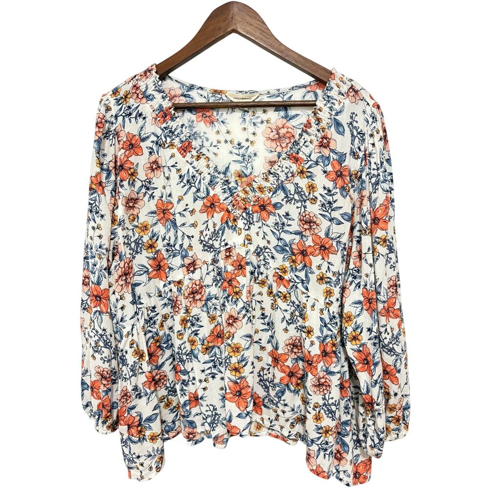 Lucky Brand Floral Babydoll Blouse XXL Cotton Viscose Smocked V Neck Boho